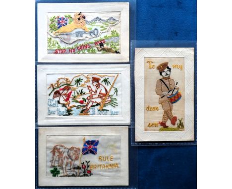 Postcards, Silks, a military patriotic embroidered silk selection of 4 cards inc. vertical card of Tommy in uniform and playi