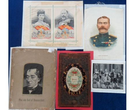 Silk Pictures, 5 pictures to comprise coloured double portrait of King Edward VII and Queen Alexandra (tape marks to card mou