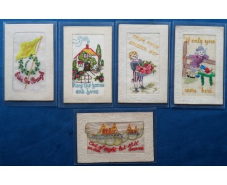 Postcards, Silks, 5 better designs of embroidered silks, inc. 'Erin So Bragh' showing yellow flag with Irish harp to centre; 
