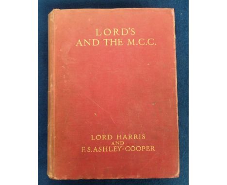 Cricket book, 'Lord's and the M.C.C.' by Lord Harris and F.S. Ashley-Cooper, 1920, 314 pages with numerous images, maroon boa
