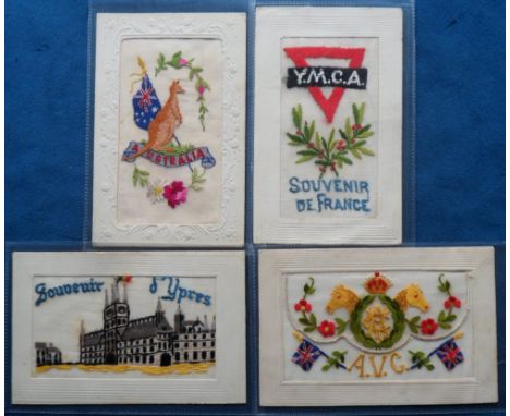 Postcards, Silks, 4 military/patriotic embroidered silk cards. Includes Y.M.C.A in red triangle captioned 'Souvenir de France