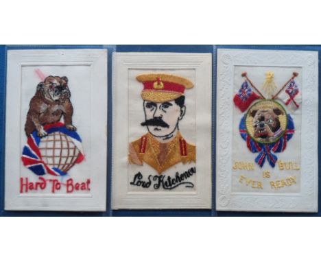 Postcards, Silks, 3 military patriotic embroidered silk cards, inc. portrait (head & shoulders) or Lord Kitchener; circular p