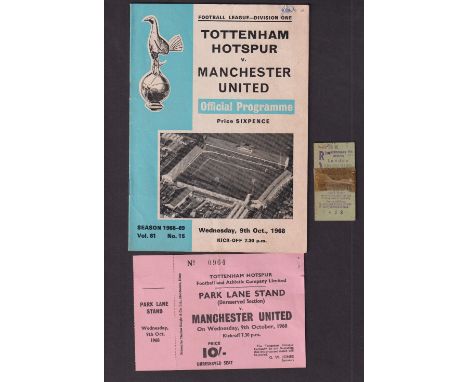 Football programme &amp; ticket, Tottenham v Manchester United, 9 Oct 1968, programme &amp; unused match ticket and train tra