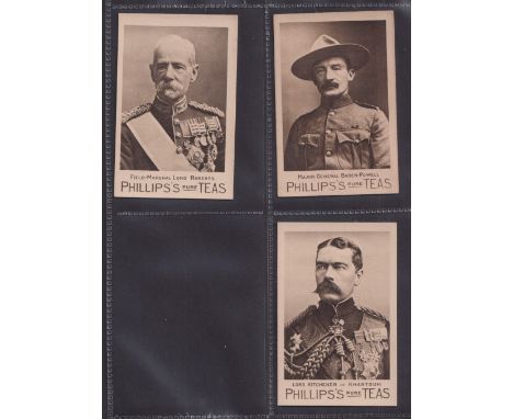 Trade cards, Phillips Tea, Boer War Generals, 'X' size, 3 cards, Major Gen Baden-Powell, Lord Kitchener of Khartoum, & Field 