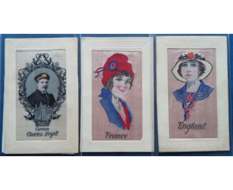 Postcards, Silks, 3 woven silk cards inc. Captain Charles Fryatt portrait within oval frame and sailing ship below. His ship 