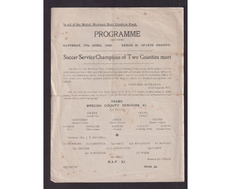 Football programme, Brecon County Services XI v RAF XI, 17 April, 1943 played at Edgar Street, single sheet, includes players