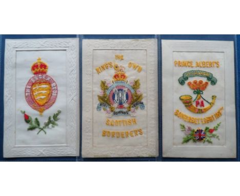Postcards, Silks, 3 regimental embroidered silks, inc. 'The King's Own Scottish Borderers' with castle and white cross to cen