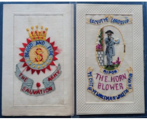 Postcards, Silks, 2 embroidered silk cards for the Salvation Army with 'Blood and Fire' to the centre and crown above. Also '