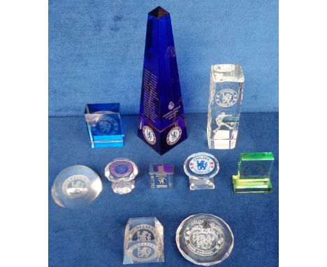 Football memorabilia, Chelsea FC, 10 paperweights to comprise Premier League Champions 2016/17 blue glass obelisk, and 8 othe