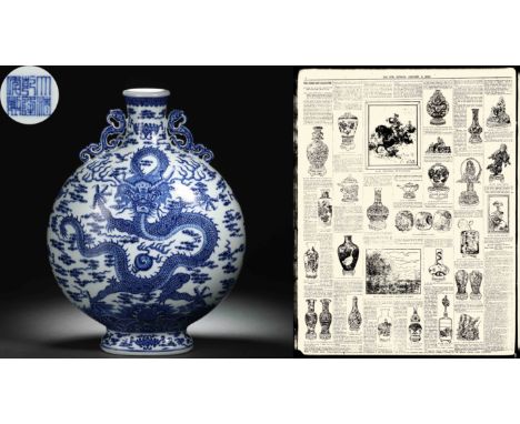 A Chinese Blue and White Dragon Moon Flask H 50cm; W 38cm Qing Dynasty Heber R. Bishop Collection, picture of an old newspape
