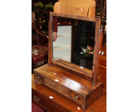 A 19th century mahogany swing dressing mirror, on three drawer box base, width 58.5cm, together with a small wall shelf (2)