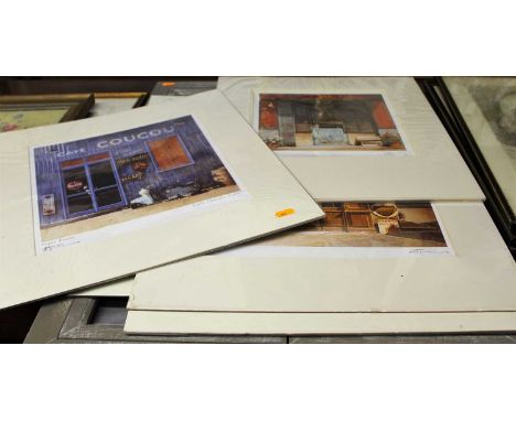 Peter Evans - Five various French topographical prints, each being unframed but mounted; together with monochrome photographi