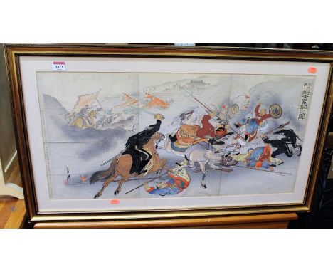 After Ogata Gekkō (1859–1920) - Battle scene from the Russo-Japanese War (1904-1905), woodblock print with studio seals, 37 x