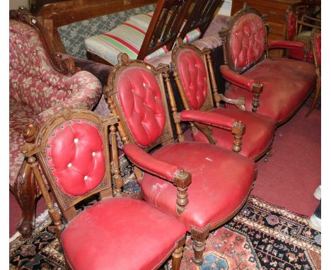 A late Victorian walnut seven piece parlour suite, comprising; two seat sofa, ladies &amp; gents armchairs, and four side cha