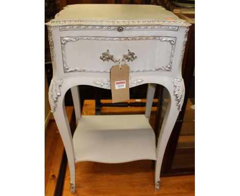 A French grey painted single drawer two-tier lamp table, having upper pull-out slide, width 40.5cmCondition report: Small los