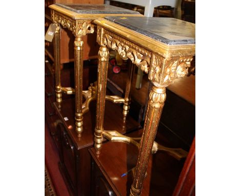 A pair of French style gilt painted and black marble inset square lamp tables, each on fluted supports, width 41cmCondition r