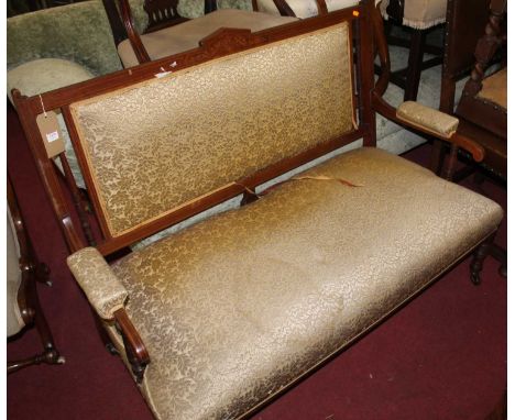 An Edwardian mahogany and boxwood strung two seater parlour sofa, having all over floral fabric upholstery, width 126cm