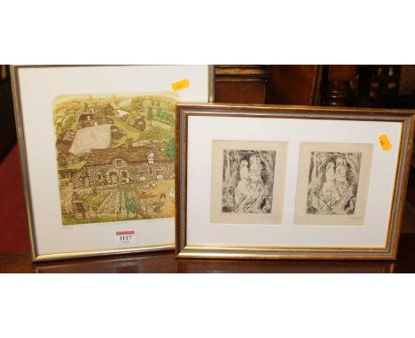 Glynn Thomas (b.1946) - Breton farms, lithograph, pencil signed and titled, 20 x 18cm; a single framed pair of French allegor