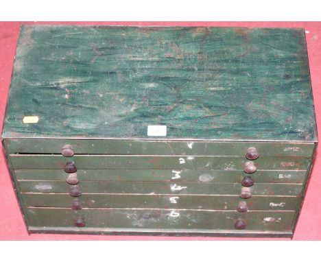 A mid-20th century green painted metal table top machinists tool chest, of six long graduated drawers, width 53.5cm