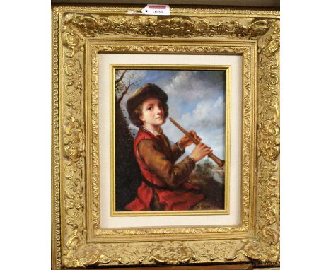 Boris Smith - Landscape portrait of a boy playing a flute on a riverbank, oil on panel, signed lower right, 23 x 18cm, housed