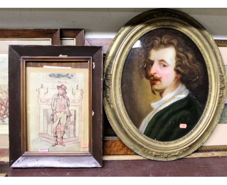 Continental school - Head and shoulders portrait of a young man, reverse painting on glass, 40 x 30cm; together with a waterc