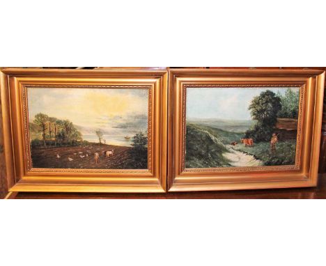 G. Moore - Pair; Rural landscapes, oil on card, each signed and dated 1901 lower right, 25 x 35cm; together with an unsigned 