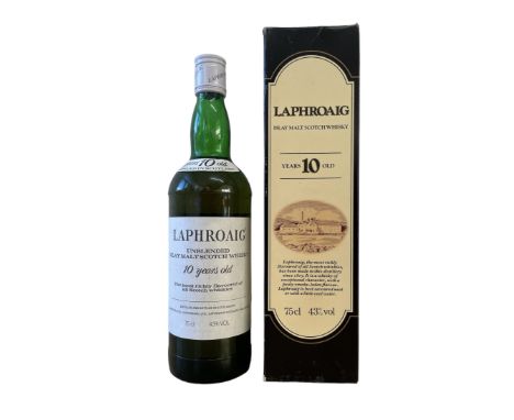 Laphroaig 10 year old unblended Islay Malt Scotch Whisky 75cl 43%vol. 1990 distilled and bottled in Scotland by D. Johnston &