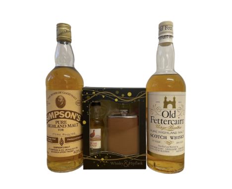 Two bottles of whiskey to include Simpson's pure highland malt 75cl 43%vol, Old Fettercairn scotch whisky 70&ordm;Proof 26.66