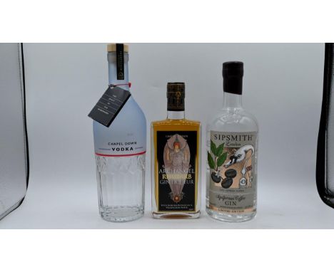 Mixed lot to include Archangel Rhubarb Gin Liqueur 35cl, Sipsmith Sipspresso Coffee Gin 70cl and Chapel Down Chardonney Vodka