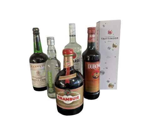 6 bottles to include: 1 litre of Drambuie 1 litre of Bacardi Rum 1 bt of Taittinger Champagne (boxed) 1 litre of Harvey's Bri