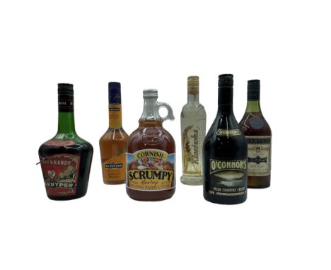 Mixed lot to include Cornish Scrumpy strong farm Cyder, De Kuyper Brandy 50cl 24%vol, O'Connors Irish Country Cream 70cl 14.5