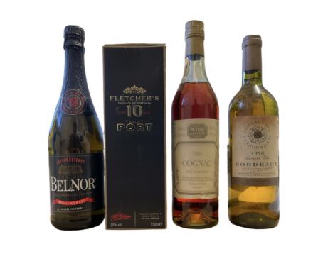 Mixed lot to include Fletcher's 10 year old tawny port 20%vol. 75cl, Chateau Belnor Sparking Perry 5.5%vol 75cl, Wine Society