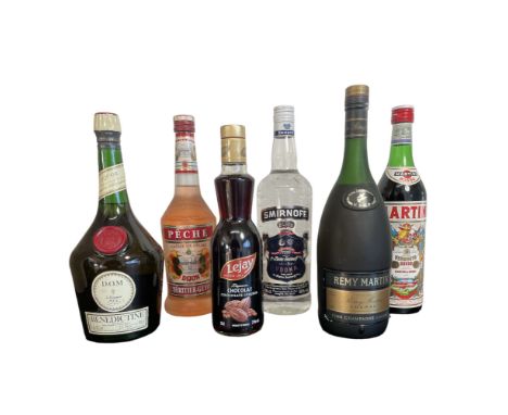 6 bottles to include: 1 litre bt of Smirnoff Blue Vodka 50% 1 litre bt of Remy Martin VSOP Cognac  1 litre bt of Benedictine 