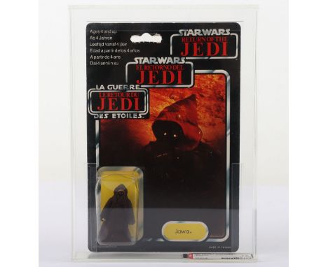 Vintage Star Wars AFA Graded 75 Jawa on Return of the Jedi Palitoy, tri-logo card 1983, punched and bubble has slight dents, 