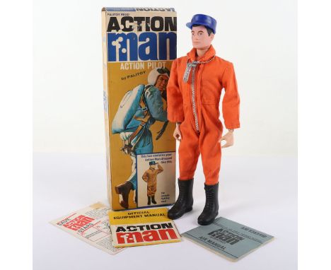 Vintage Action Man Action Pilot by Palitoy 1964, with original box, Cat No. 34002 black painted head doll, in near mint origi