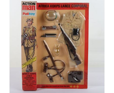 Vintage Action Man Afrika Korps Lance Corporal by Palitoy 1977, uniform carded, fully sealed, slight water damage to reverse 