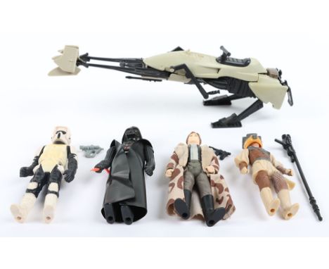 Four Loose Vintage Star Wars Figures, Darth Vader with cape & Lightsaber @G.M.F.G.I 1977 no coo, Biker Scout with Scout troop