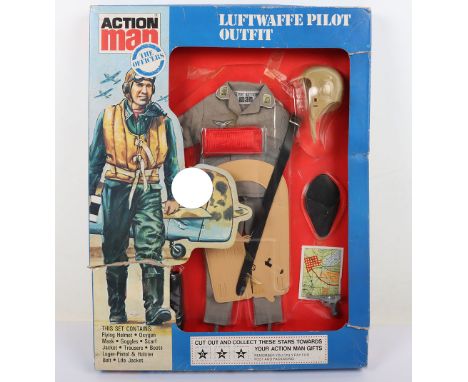 German Luftwaffe Pilot Vintage Action Man by Palitoy, uniform near mint, outer card is fair to good with some wear/tears.