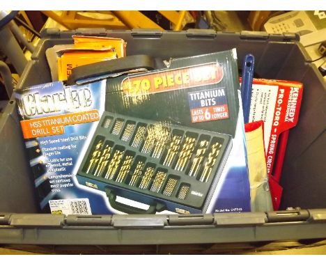A storage box containing predominantly unused retail stock to include a Clarke HSS Titanium coated drill set 170 pieces, Noga