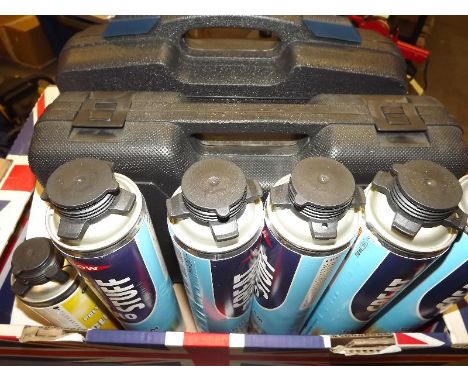 Unused stock - A collection of Dow Great Stuff Pro gun foam, a Titan 14.4 v combi drill  in protective case with manual and l