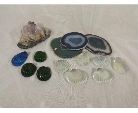 Geology - A good mixed lot to include a collection of glass paperweights, amethyst rough rock, agate sliced rock and similar 