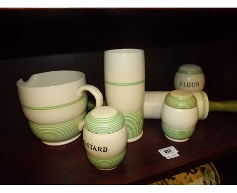 T G Green - Six pieces of ceramic kitchen ware, Streamline Set, lime green banding on an ivorine ground - Est £80 - £120 