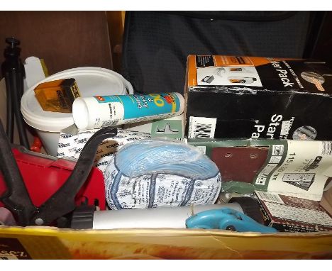 A mixed lot of tools and hardware to include drill bits, silicone, sand paper and similar 