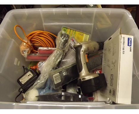 A good mixed lot of tools and hardware to include drill, Mac Allistar drill bit set, chisel set and similar, predominately un