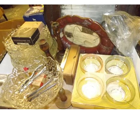 A good mixed lot to include glass ware, decanter, a Rolls Razor, nut crackers, and wooden candle sticks and other