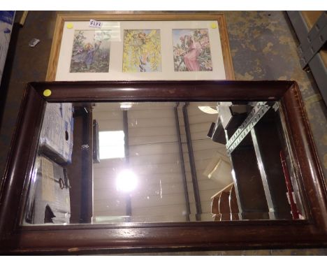 Oak framed bevelled edge overmantel mirror and a print of Fairies, 70 x 40 cm. Not available for in-house P&amp;P, contact Pa