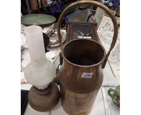 Copper pail with brass fitting and a copper lamp, H: 35 cm. Not available for in-house P&amp;P, contact Paul O'Hea at Mailbox