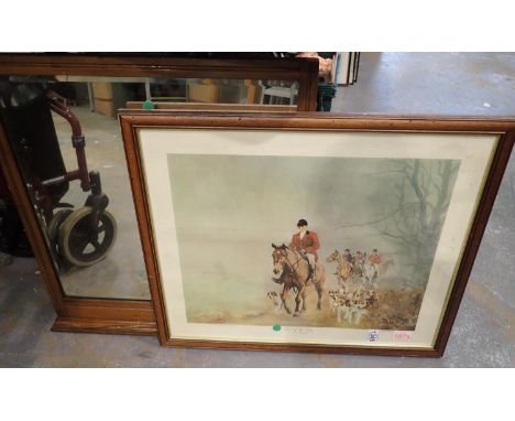 Oak framed mirror and a print End of Day, by RP Reynolds, 70 x 60 cm. Not available for in-house P&amp;P, contact Paul O'Hea 