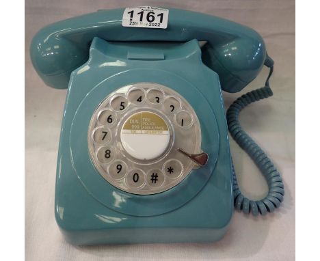 Blue 1960/1970s style rotary telephone, compatible with modern telephone banking and any standard analogue landline, boxed. P