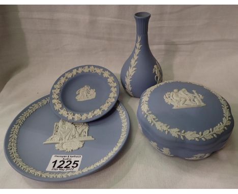 Four Wedgwood Jasperware powder blue items to include a covered pot. P&amp;P Group 3 (£25+VAT for the first lot and £5+VAT fo